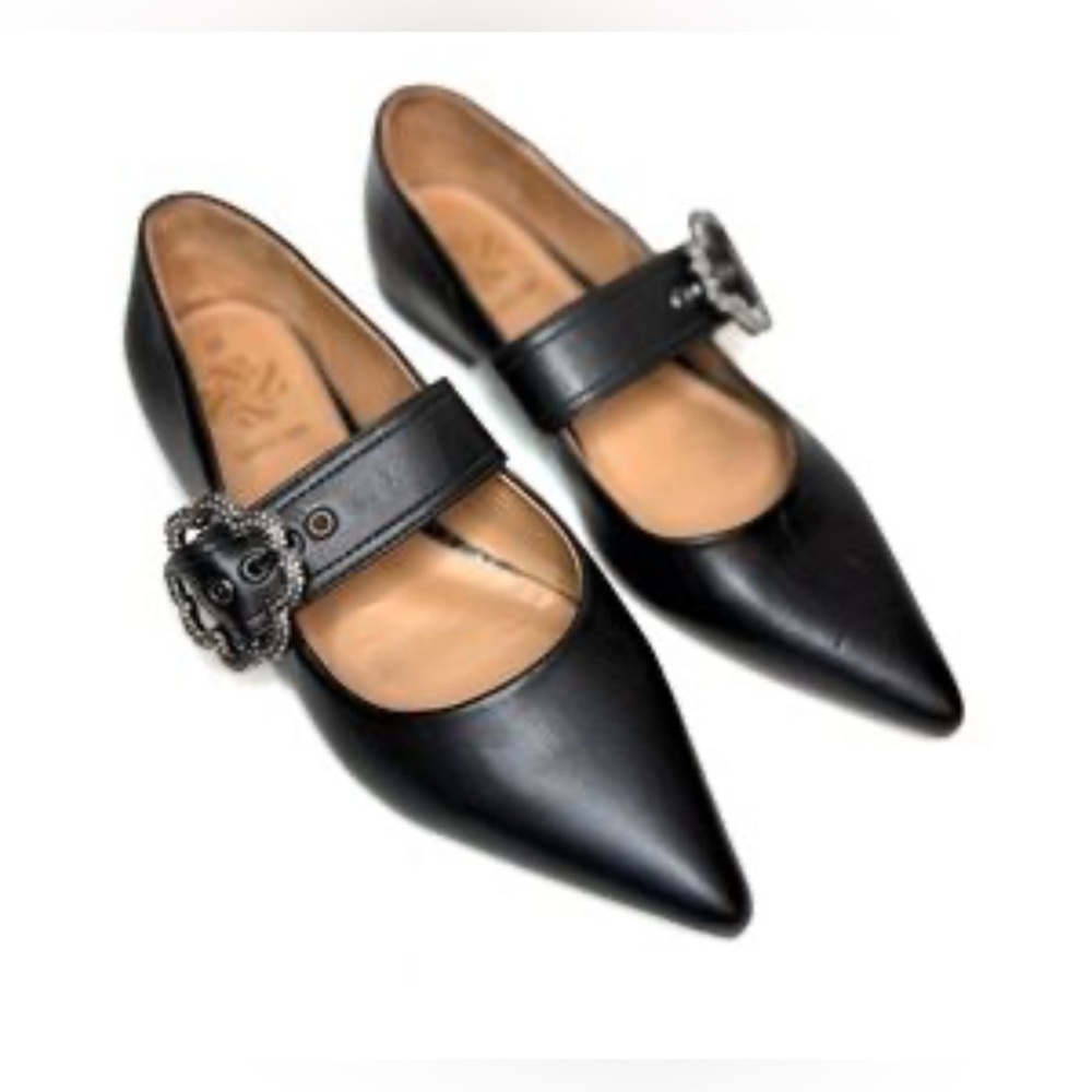 Black Pointed Mary Jane Flats with Decorative Buckle